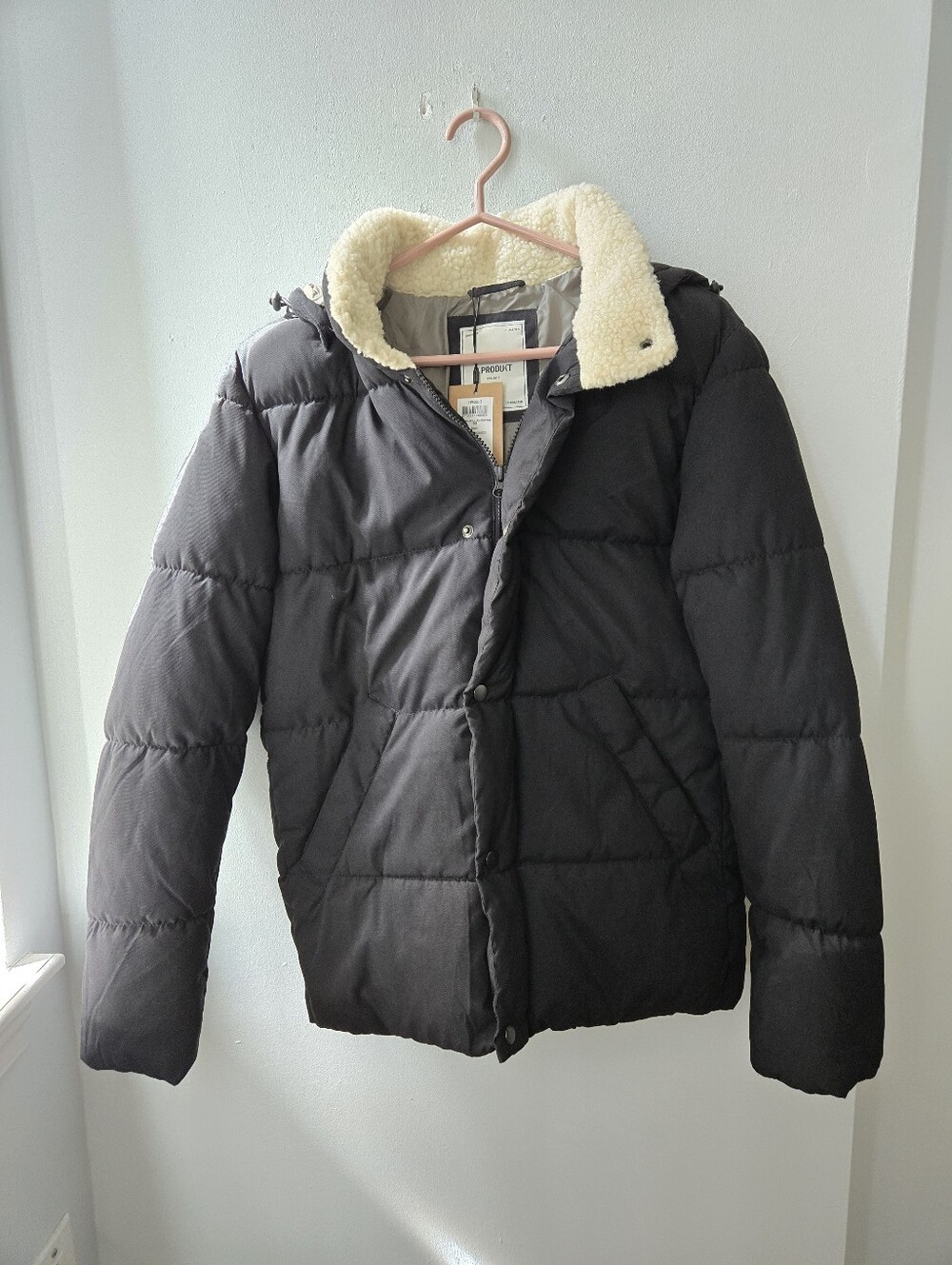 Produkt SM Mens Black Puffer Jacket Parka Cream Sherpa Collar Remove Hood Winter
